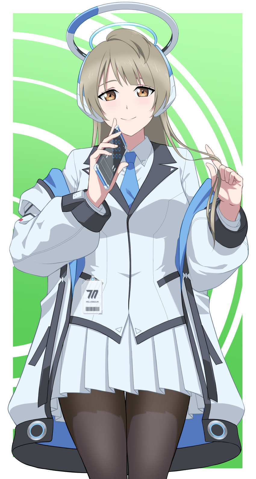 1girl absurdres alternate_costume black_pantyhose blazer blue_archive blue_necktie blunt_bangs brown_eyes brown_hair cellphone coat collared_shirt commentary cosplay enola_013 halo headgear highres holding holding_phone jacket long_hair long_sleeves looking_at_viewer love_live! minami_kotori multicolored_hair necktie noa_(blue_archive) noa_(blue_archive)_(cosplay) open_clothes open_coat pantyhose parted_bangs phone playing_with_own_hair pleated_skirt school_uniform shirt simple_background skirt smartphone smile solo two-tone_hair white_coat white_shirt white_skirt
