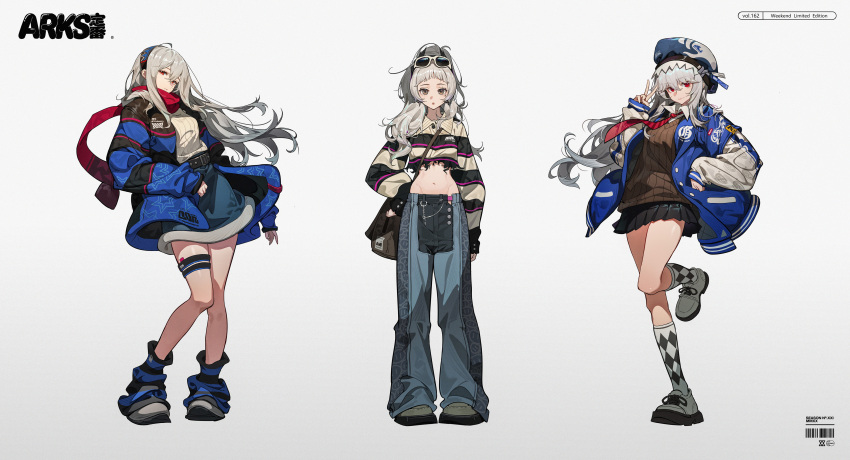 3girls absurdres arknights bag blue_coat coat eyewear_on_head feather_hair_ornament feathers full_body grey_hair hachisan hair_ornament hat highres irene_(arknights) long_hair looking_at_viewer miniskirt multiple_girls navel ponytail red_eyes red_scarf red_tie scar scar_on_face scarf school_uniform shirt skadi_(arknights) skirt specter_(arknights) specter_the_unchained_(arknights) sunglasses thigh_strap v