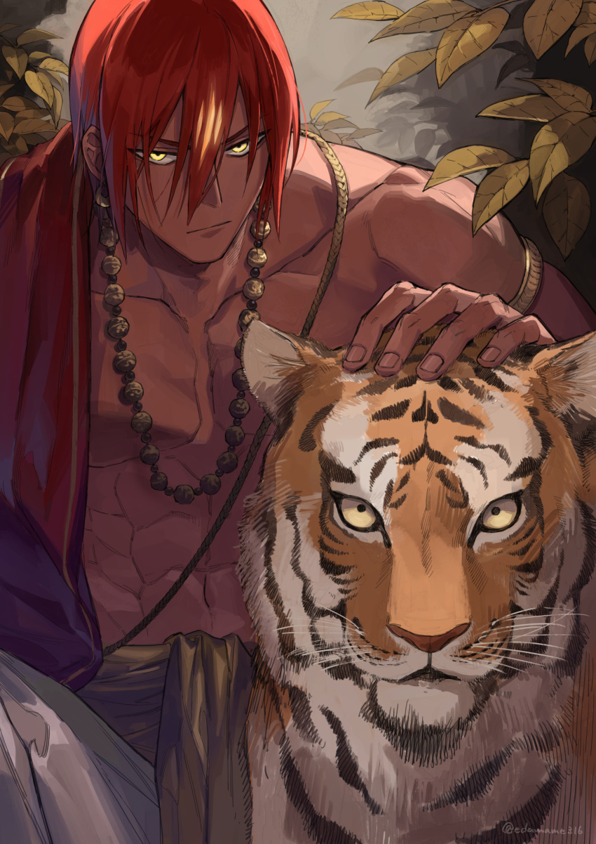 1boy abs animal ashwatthama_(fate) closed_mouth dark-skinned_male dark_skin edamameoishii fate/grand_order fate_(series) fingernails highres indian_clothes jewelry leaf male_focus muscular muscular_male necklace outdoors pectorals petting redhead short_hair solo tiger twitter_username whiskers yellow_eyes