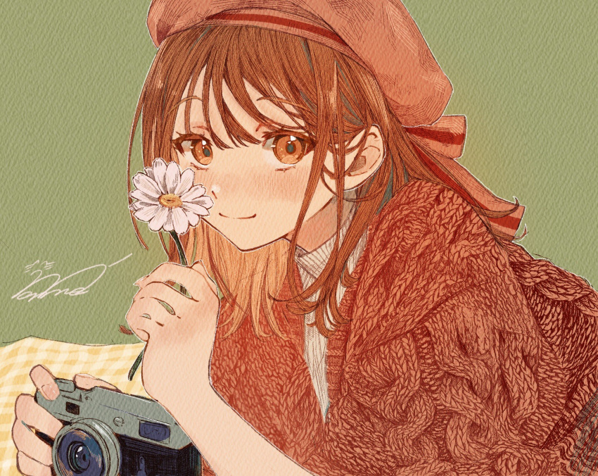 1girl beret blush brown_eyes brown_hair camera closed_mouth flower green_background hat highres holding holding_camera holding_flower long_hair looking_at_viewer man015s original red_headwear signature simple_background solo sweater turtleneck turtleneck_sweater upper_body white_flower