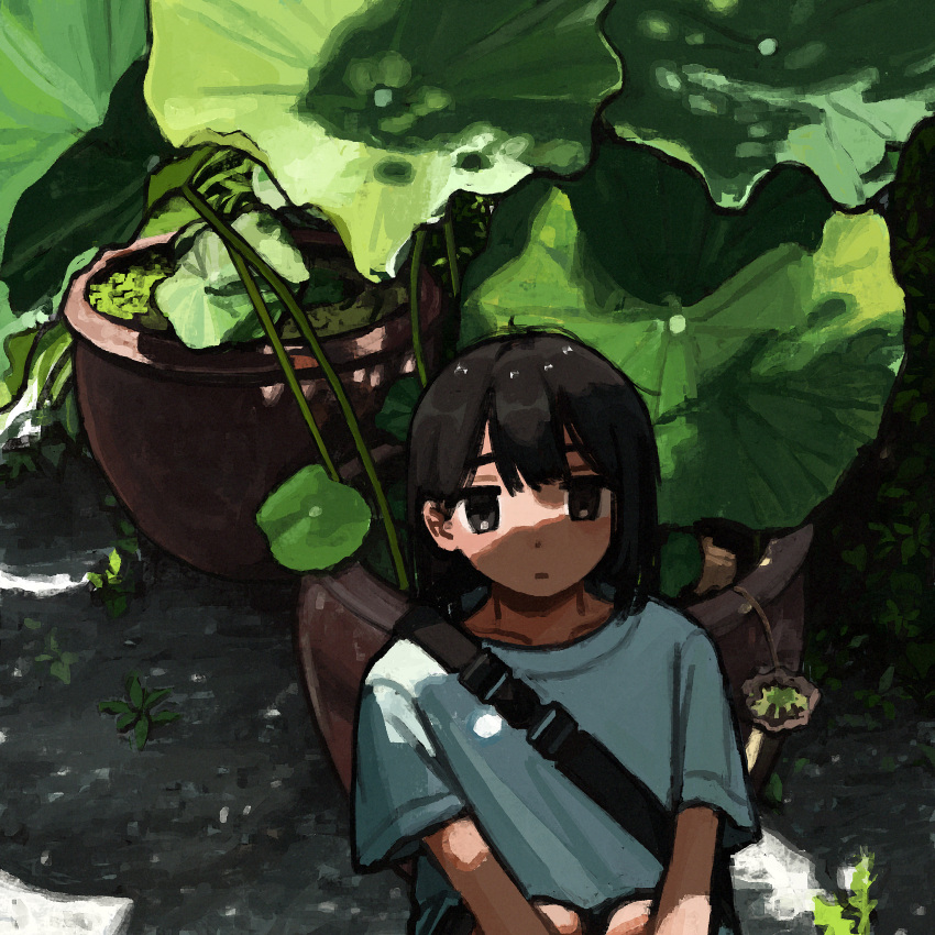1girl :| absurdres bag black_eyes black_hair blue_shirt closed_mouth dappled_sunlight day dirt dot_nose expressionless hair_between_eyes highres jitome knees_to_chest looking_at_viewer medium_hair original outdoors plant potted_plant scenery shade shirt short_sleeves shoulder_bag sidelocks sitting solo straight-on sunlight t-shirt uniunimikan upper_body