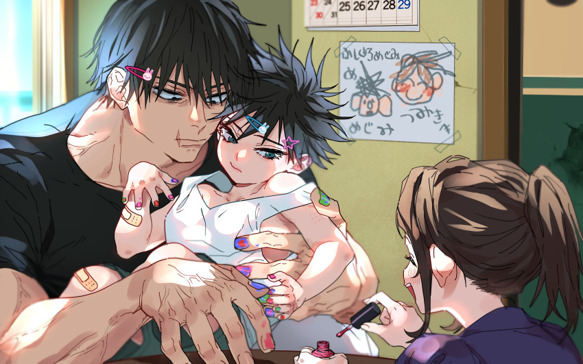 1girl 2boys :| absurdres aged_down bandaid black_hair black_shirt blue_eyes blush brother_and_sister brown_hair calendar_(object) carrying carrying_person child's_drawing closed_mouth expressionless eyelashes father_and_daughter father_and_son fingernails fushiguro_megumi fushiguro_touji fushiguro_tsumiki green_nails hair_ornament hairpin highres indoors jujutsu_kaisen multiple_boys multiple_hairpins nail nail_polish pink_nails ponytail purple_nails scallopojisan scar scar_on_face scar_on_mouth shirt short_hair siblings sitting smile spiky_hair tank_top white_tank_top