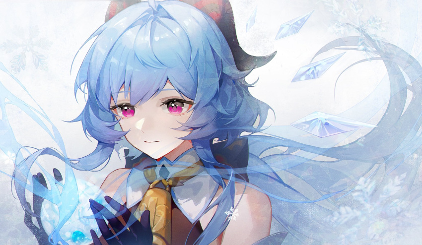 1girl bare_shoulders bell black_gloves blue_hair closed_mouth commentary_request expressionless ganyu_(genshin_impact) genshin_impact gloves goat_horns hands_up highres horns ice long_hair neck_bell orb pink_eyes snowflakes solo tolu_ya upper_body