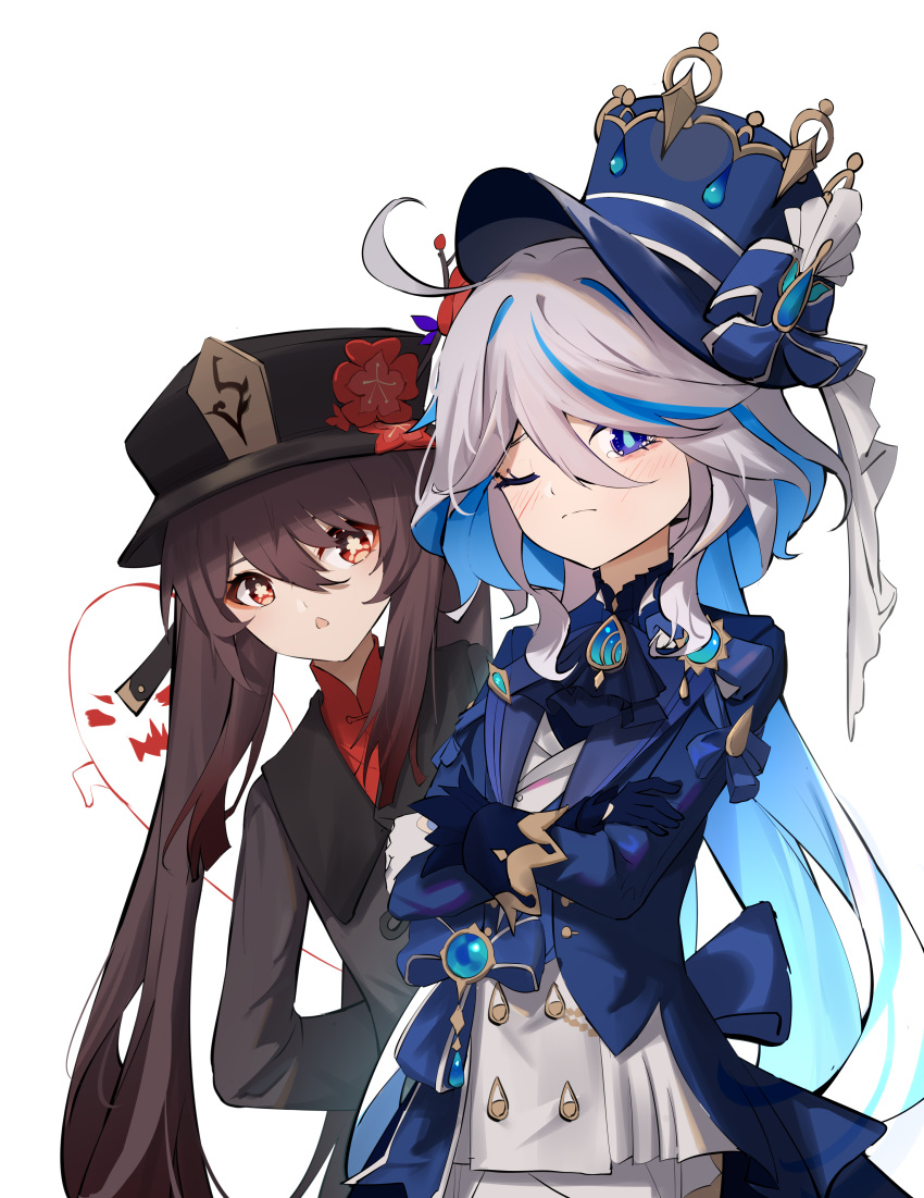 2girls absurdres blue_eyes blue_hair blush boo_tao_(genshin_impact) brown_hair chinese_clothes flower flower-shaped_pupils furina_(genshin_impact) genshin_impact hat hat_ornament highres hu_tao_(genshin_impact) long_hair long_sleeves looking_at_viewer multiple_girls one_eye_closed open_mouth plum_blossoms porkpie_hat qixia red_shirt shirt sidelocks simple_background symbol-shaped_pupils twintails vision_(genshin_impact) white_background