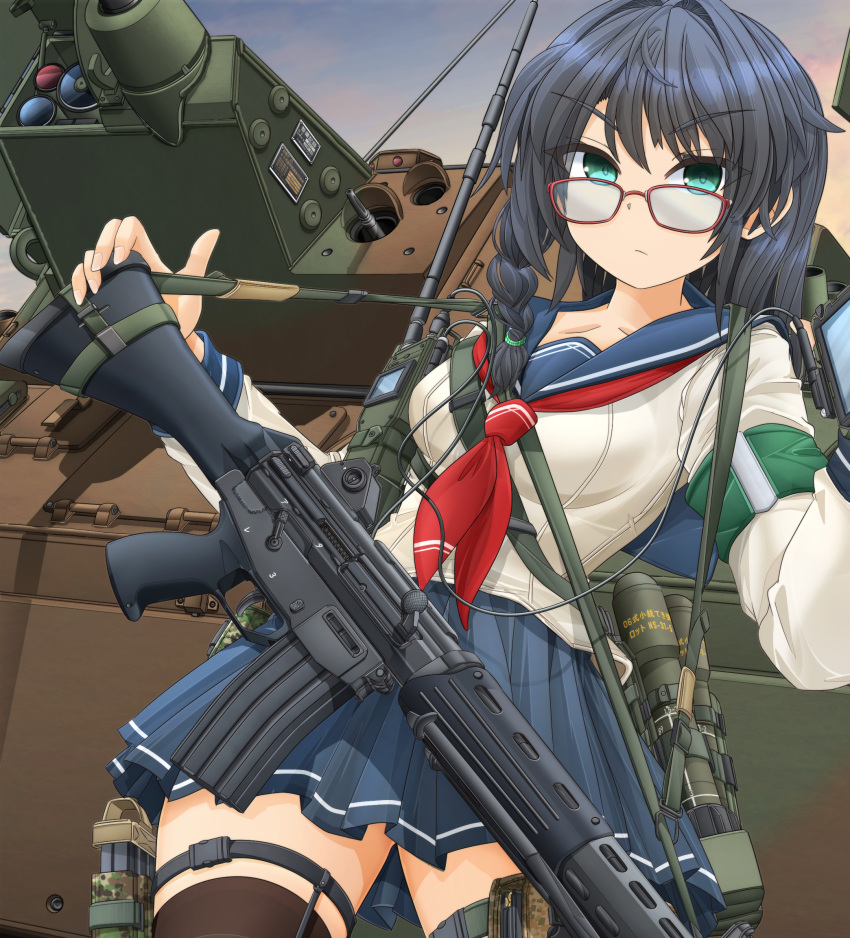 1girl assault_rifle black_hair blue_sailor_collar blue_skirt braid breasts brown_thighhighs closed_mouth collarbone commentary_request glasses green_eyes gun hair_between_eyes highres howa_type_89 long_hair long_sleeves looking_at_viewer medium_breasts mikeran_(mikelan) neckerchief original pleated_skirt red-framed_eyewear red_neckerchief rifle sailor_collar shirt skirt solo thigh-highs v-shaped_eyebrows vehicle_request weapon weapon_request white_shirt