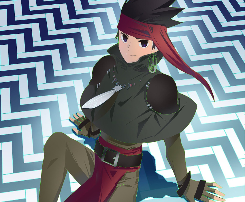1boy arc_the_lad arc_the_lad_ii bandana belt black_hair closed_mouth earrings elc_(arc_the_lad) feathers fingerless_gloves gloves highres jewelry looking_at_viewer male_focus protected_link save_scene_a short_hair solo spiky_hair