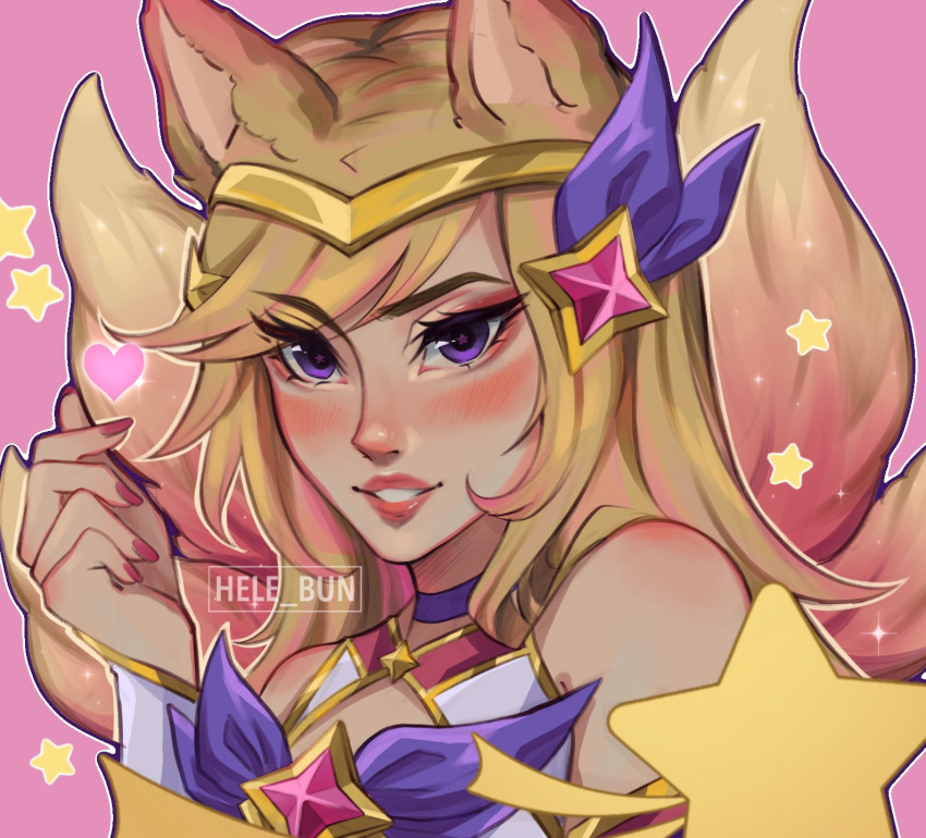 1girl ahri_(league_of_legends) animal_ears artist_name bare_shoulders blonde_hair blush fox_ears grin hair_ornament hand_up hele_bun highres league_of_legends long_hair long_sleeves pink_background pink_nails portrait smile solo star_(symbol) star_guardian_(league_of_legends) star_guardian_ahri teeth violet_eyes
