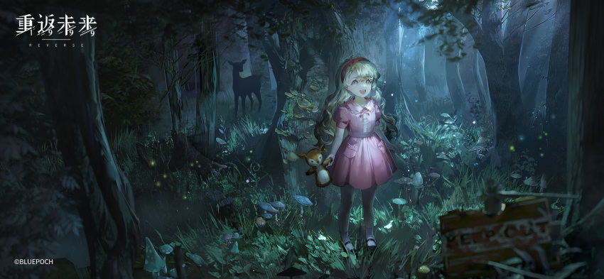 1girl :d aged_down animal_puppet ankle_socks black_footwear blonde_hair blonney blurry blurry_foreground child copyright copyright_name curly_hair deer dress fireflies forest full_body grass hand_puppet highres keep_out logo long_hair looking_up mary_janes moonlight mushroom nature neck_ribbon night official_art outdoors parted_bangs pink_dress pocket puffy_short_sleeves puffy_sleeves puppet reverse:1999 ribbon scenery shoes short_dress short_sleeves sign smile socks solo sparkle standing teeth tree upper_teeth_only very_long_hair violet_eyes white_socks wide_shot