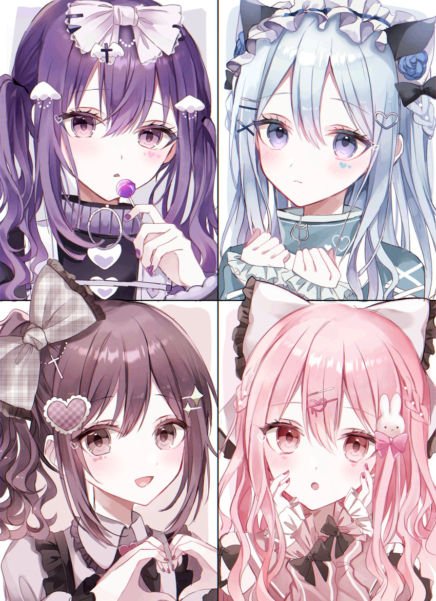 1other 3girls :d absurdres akiyama_mizuki alternate_hairstyle androgynous animal_ears animal_hair_ornament asahina_mafuyu black_bow black_shirt blue_eyes blue_flower blue_hair border bow braid brown_eyes brown_hair brown_nails candy cat_ears cat_o-ring closed_mouth clothing_cutout colored_eyelashes commentary cross cross-laced_clothes cross-laced_sleeves curly_hair diamond_(shape) diamond_hair_ornament double-parted_bangs expressionless eyelashes facial_mark fake_animal_ears fingernails flower food framed frilled_bow frilled_shirt_collar frilled_sleeves frills grey_bow grey_shirt hair_between_eyes hair_ornament hairclip hands_on_own_face hands_up heart heart_facial_mark heart_hair_ornament heart_hands highres holding holding_candy holding_food holding_lollipop latin_cross lavender_background light_blue_background light_blue_hair light_blush light_brown_background lollipop long_hair long_sleeves looking_at_viewer maid_headdress multiple_girls nail_polish o-ring open_mouth parted_lips pink_background pink_bow pink_nails pink_sailor_collar plaid plaid_bow portrait project_sekai purple_hair purple_nails purple_sweater rabbit_hair_ornament sailor_collar shinonome_ena shirt shoulder_cutout side_braid side_ponytail single_braid sleeves_past_wrists smile sweater triangle_mouth two-tone_bow two-tone_shirt two_side_up violet_eyes white_border white_bow xokikox yami_kawaii yoisaki_kanade