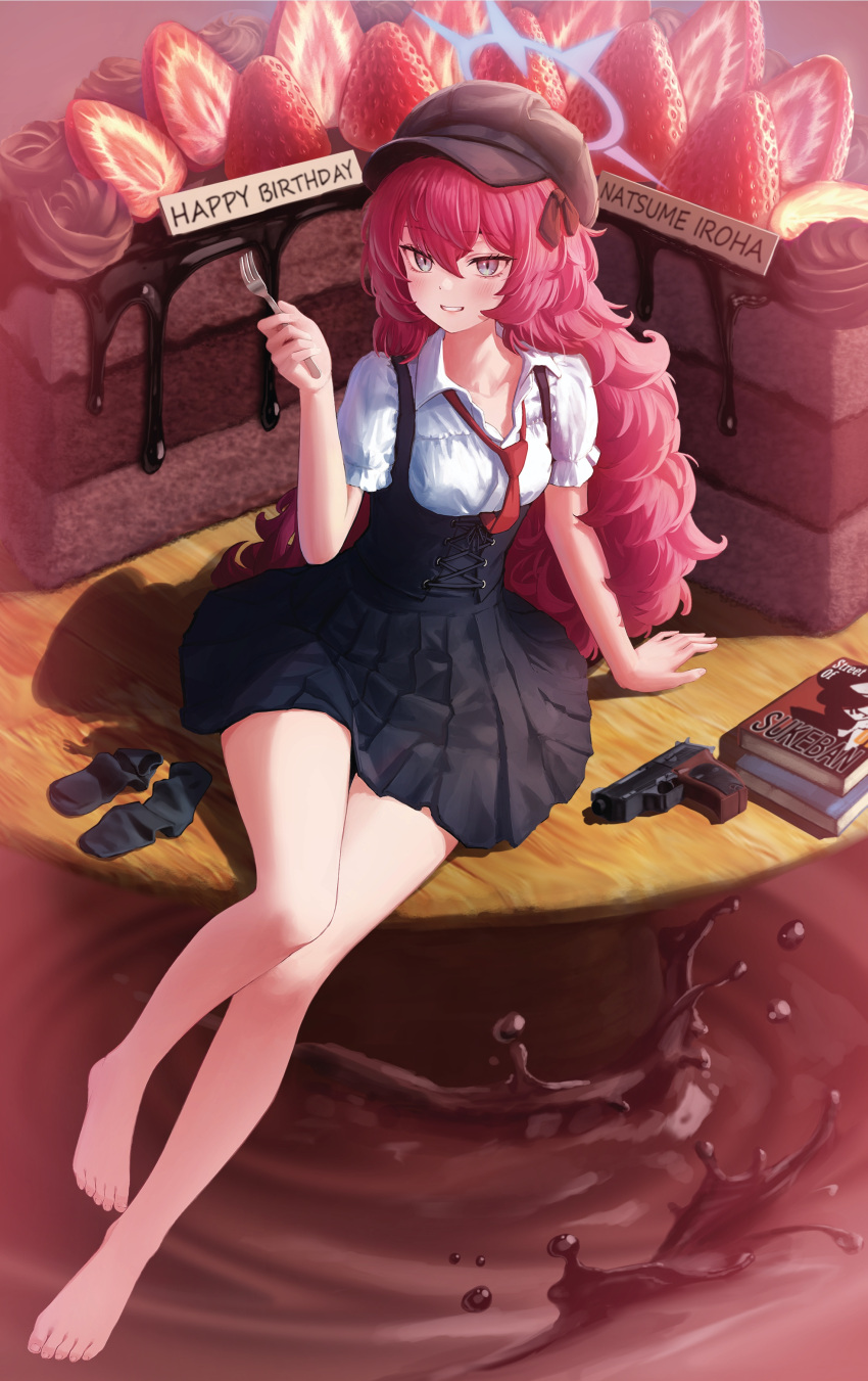 1girl absurdres bare_legs barefoot beret black_footwear black_headwear blue_archive book breasts cake cake_stand collarbone feet food fruit gun handgun hat high-waist_skirt highres iroha_(blue_archive) legs long_hair looking_at_viewer no_shoes puffy_short_sleeves puffy_sleeves redhead revision shirt shoes short_sleeves sitting skirt smile socks_removed solo strawberry supersugar suspender_skirt suspenders toenails toes very_long_hair walther walther_p38 weapon