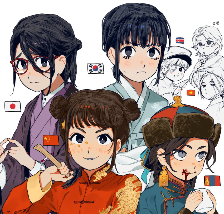 6+girls blood blue_hanbok blue_tunic blush bubble_tea china chinese_clothes double_bun earrings embroidery eyepatch eyeshadow glasses gold_trim hair_bun hammer hat highres index_fingers_together japan japanese_clothes jewelry kimono korea makeup mongolia multiple_girls nanimonothing north_korea original personification purple_kimono south_korea straw_hat tangzhuang traditional_clothes vietnam