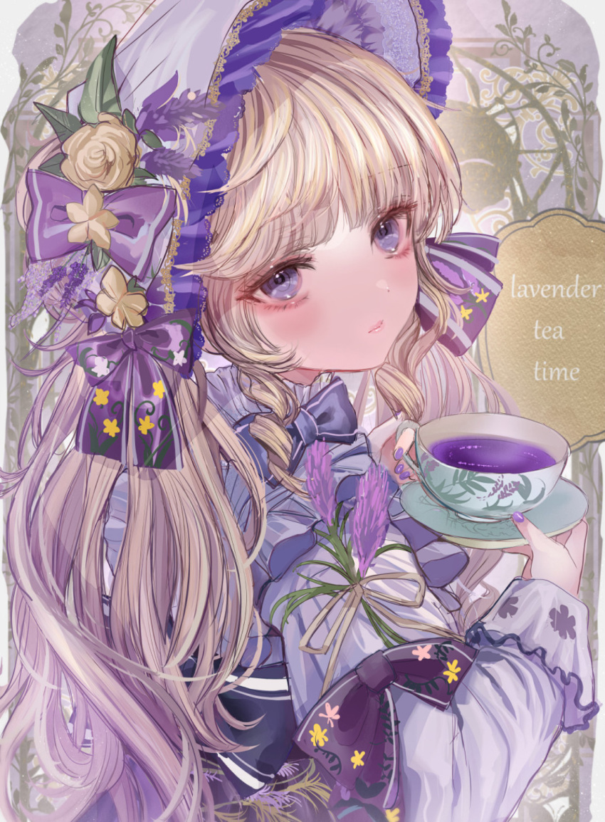 1girl black_bow black_bowtie blunt_bangs blush bonnet bow bowtie brown_hair closed_mouth cup dot_nose drink english_text flower from_side hat hat_flower highres holding holding_drink komorihikki lavender_(flower) lips lolita_fashion long_bangs long_hair long_sleeves looking_at_viewer nail_polish original purple_bow purple_headwear purple_nails saucer shirt sidelocks solo teacup twintails upper_body violet_eyes white_shirt