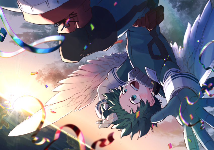 1boy angel_wings aqua_bodysuit aqua_gloves arms_up belt belt_pouch birthday bloom blurry blurry_foreground blush boku_no_hero_academia chromatic_aberration clouds cloudy_sky confetti cross-laced_footwear depth_of_field dutch_angle feathered_wings floating_hair flying foot_out_of_frame freckles from_side gloves gradient_sky green_eyes green_hair hand_on_own_head happy highres horizon knee_up light looking_ahead male_focus midair midoriya_izuku nao_(n_sai_ao) ocean open_hand open_mouth outstretched_arm outstretched_hand outstretched_leg pouch red_belt red_footwear shoes short_hair sky smile sneakers solo streamers sun sunburst sunlight sunrise teeth upper_teeth_only upside-down utility_belt white_gloves white_wings wings