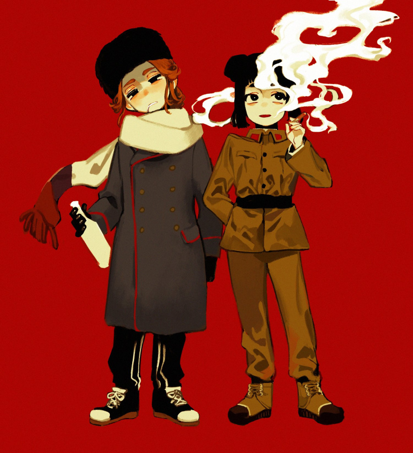 2girls alcohol belt black_hair blonde_hair bottle buttons china cigarette double-breasted fur_hat green_jacket green_pants hat highres holding holding_bottle holding_cigarette jacket long_coat multiple_girls nanimonothing original pants red_guard scarf shoes smoking sneakers track_pants track_suit ushanka vodka