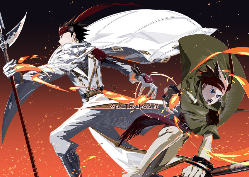2boys arc_the_lad arc_the_lad_ii bandana boots brown_eyes brown_hair closed_mouth dual_persona elc_(arc_the_lad) fingerless_gloves fire gloves magic multiple_boys open_mouth polearm protected_link save_scene_a short_hair spear weapon