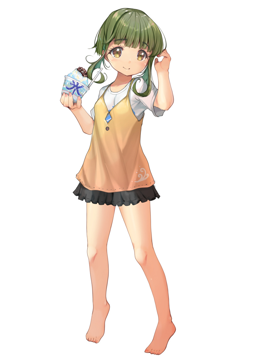 1girl absurdres alternate_costume barefoot black_skirt bob_cut camisole casual food full_body green_hair highres kantai_collection layered_clothes shaved_ice shirt short_hair short_hair_with_long_locks sidelocks simple_background skirt sky smile solo t-shirt takanami_(kancolle) white_background white_shirt yashin_(yasinz) yellow_camisole yellow_eyes