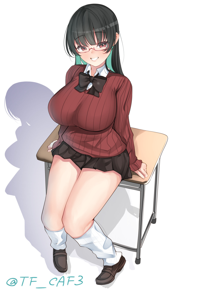 1girl alternate_costume black_hair black_neckerchief black_skirt blush breasts brown_cardigan cardigan choukai_(kancolle) collared_shirt desk glasses highres kantai_collection large_breasts long_hair long_sleeves looking_at_viewer loose_socks miniskirt neckerchief on_desk red_eyes ribbed_cardigan shadow shirt sitting sitting_on_desk skirt smile socks solo tf_cafe twitter_username uniform white_background