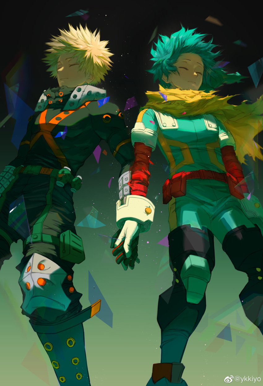 2boys absurdres aqua_bodysuit aqua_hair bakugou_katsuki belt belt_pouch black_background black_footwear black_pants blonde_hair bodysuit boku_no_hero_academia boots cape chinese_commentary closed_eyes closed_mouth combat_boots explosive feet_out_of_frame floating floating_cape floating_hair freckles glass_shards gloves gradient_background green_background green_gloves grenade high_collar highres holding_hands knee_pads light male_focus midair midoriya_izuku multicolored_bodysuit multicolored_clothes multiple_boys official_alternate_costume orange_gloves pants pouch red_belt shards short_hair side-by-side single_horizontal_stripe snap-fit_buckle spiky_hair spoilers toned toned_male torn_cape torn_clothes transparent unconscious utility_belt weibo_logo weibo_username wrist_guards x yellow_cape ykkiyo