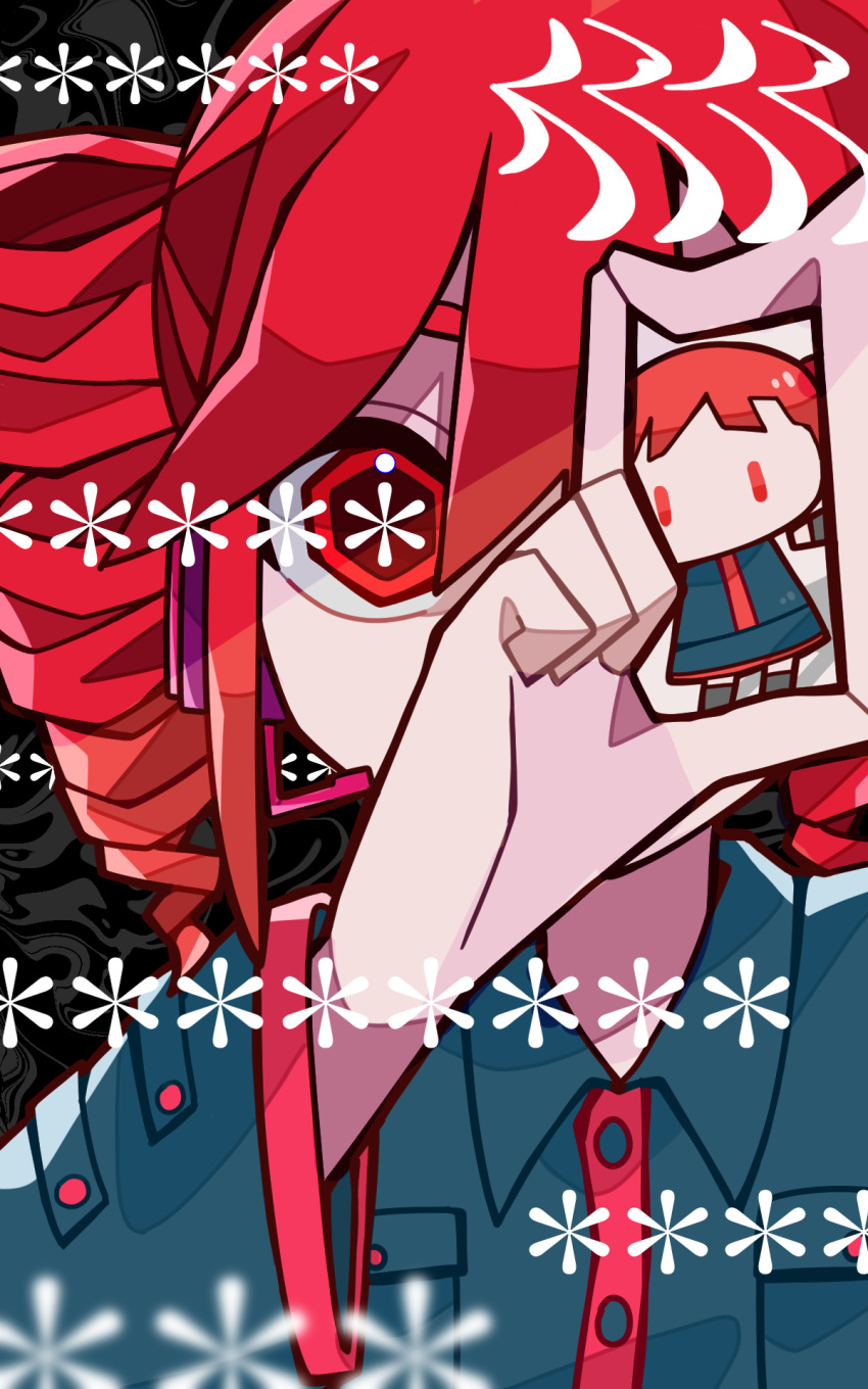 2girls asterisk_(symbol) black_background black_shirt black_skirt blurry blurry_foreground bright_pupils chibi collared_shirt commentary_request covered_mouth danmaku_comments detached_arm distortion drill_hair dual_persona finger_frame hands_up headset hexagon highres hito_mania_(utau) kasane_teto leaning_to_the_side looking_at_viewer multiple_girls no_mouth one_eye_covered red_eyes redhead shirt skirt song_name straight-on suima_ramu symbol-shaped_pupils twin_drills utau white_pupils wide-eyed wide_sleeves |_|