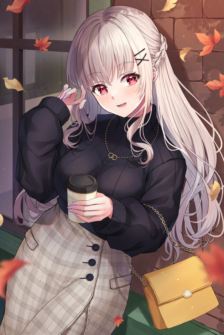1girl bag black_sweater blonde_hair blush breasts cup hair_ornament hairclip handbag highres holding holding_cup jewelry large_breasts long_hair long_sleeves looking_at_viewer nail_polish necklace open_mouth original outdoors pink_nails primamiya red_eyes smile sweater teeth window x_hair_ornament