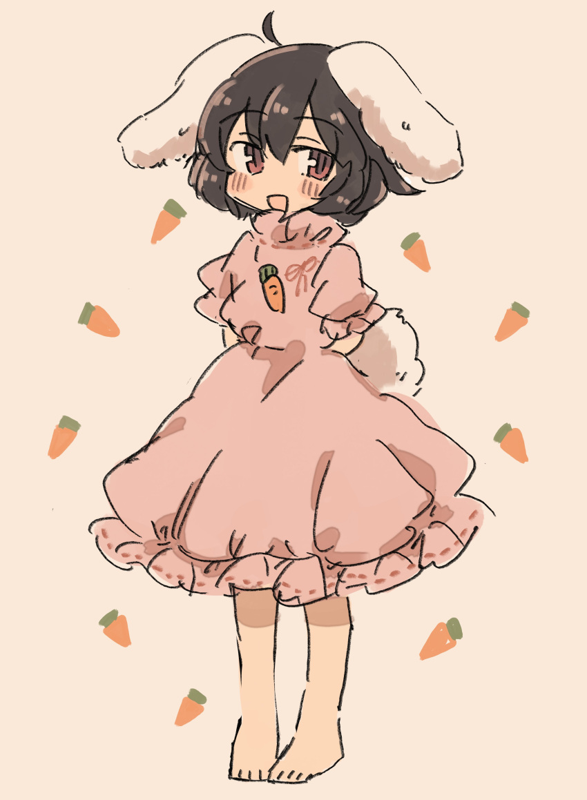 1girl :d absurdres ahoge animal_ears arms_behind_back bare_legs barefoot black_hair blush carrot_background carrot_necklace dress flat_chest grey_background hair_between_eyes highres inaba_tewi jewelry looking_at_viewer necklace open_mouth petite pigeon-toed pink_dress puffy_short_sleeves puffy_sleeves rabbit_ears rabbit_tail red_eyes short_hair short_sleeves simple_background smile solo tail touhou tsukiori
