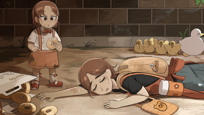 2girls aged_down apron bag bird black_shirt bow bowtie brown_eyes brown_hair chicken closed_eyes diva_(hyxpk) doughnut duck duckling english_commentary exhausted food highres hungry_nun's_mother_(diva) hungry_nun_(diva) little_nuns_(diva) lying mother_and_daughter multiple_girls on_ground orange_apron orange_shorts red_bow red_bowtie red_footwear shirt shorts suspenders white_shirt
