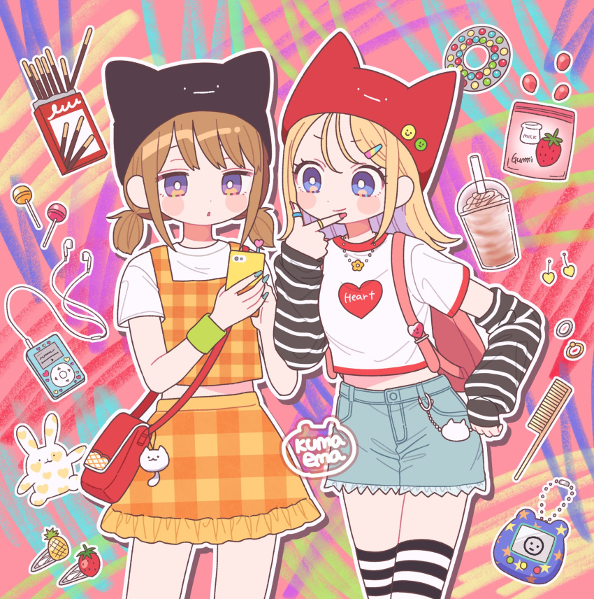 2girls arm_warmers backpack bag blonde_hair blue_eyes blue_nails blue_shorts blush_stickers brown_hair candy cellphone closed_mouth clothes_writing comb denim denim_shorts digital_media_player drink drinking_straw fingernails food highres holding holding_phone jewelry lollipop long_hair low_twintails multiple_girls nail_polish nokanok orange_skirt original parted_lips phone pink_nails pocky ring shirt short_sleeves shorts shoulder_bag skirt smartphone smile striped striped_thighhighs tamagotchi thigh-highs twintails violet_eyes white_shirt