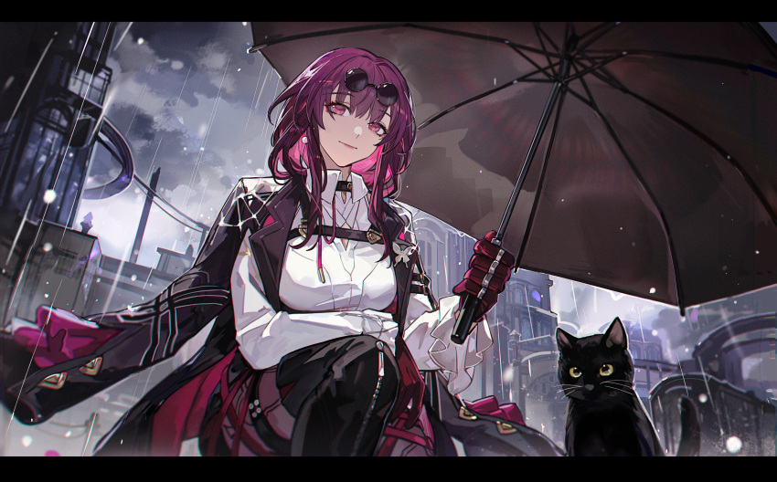 1girl absurdres black_cat black_shorts black_thighhighs building cat chest_harness closed_mouth clouds cloudy_sky collared_shirt eyewear_on_head from_below gloves harness highres holding holding_umbrella honkai:_star_rail honkai_(series) jacket jacket_on_shoulders kafka_(honkai:_star_rail) looking_at_viewer mento outdoors pantyhose pantyhose_under_shorts purple-tinted_eyewear purple_gloves purple_hair purple_pantyhose rain round_eyewear shirt shorts sky solo squatting sunglasses thigh-highs tinted_eyewear umbrella violet_eyes water_drop white_shirt