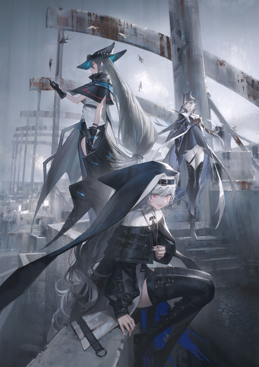 3girls absurdres arknights ascot black_capelet black_dress black_gloves black_headwear black_nails black_veil blood building capelet clothing_cutout dress from_below gladiia_(arknights) gloves grey_hair grey_sky habit hair_over_one_eye hat headwear_request high_collar highres holding holding_jewelry holding_necklace jacket jacket_on_shoulders jewelry leotard long_hair looking_at_viewer multiple_girls necklace nun open_mouth pelvic_curtain pointy_hat red_eyes reoen short_dress sitting skadi_(arknights) sky specter_(arknights) stairs standing thigh-highs thigh_cutout tricorne veil very_long_hair white_ascot white_leotard