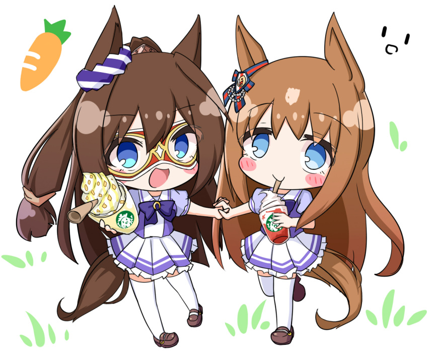 2girls animal_ears blue_eyes blush_stickers bow brown_footwear brown_hair chibi commentary_request cup drinking_straw el_condor_pasa_(umamusume) eye_mask frilled_skirt frills grass_wonder_(umamusume) hair_between_eyes holding holding_cup horse_ears horse_girl horse_tail komakoma_(magicaltale) multiple_girls pleated_skirt ponytail puffy_short_sleeves puffy_sleeves purple_bow purple_shirt school_uniform shirt shoes short_sleeves simple_background skirt tail thigh-highs tracen_school_uniform umamusume white_background white_skirt white_thighhighs