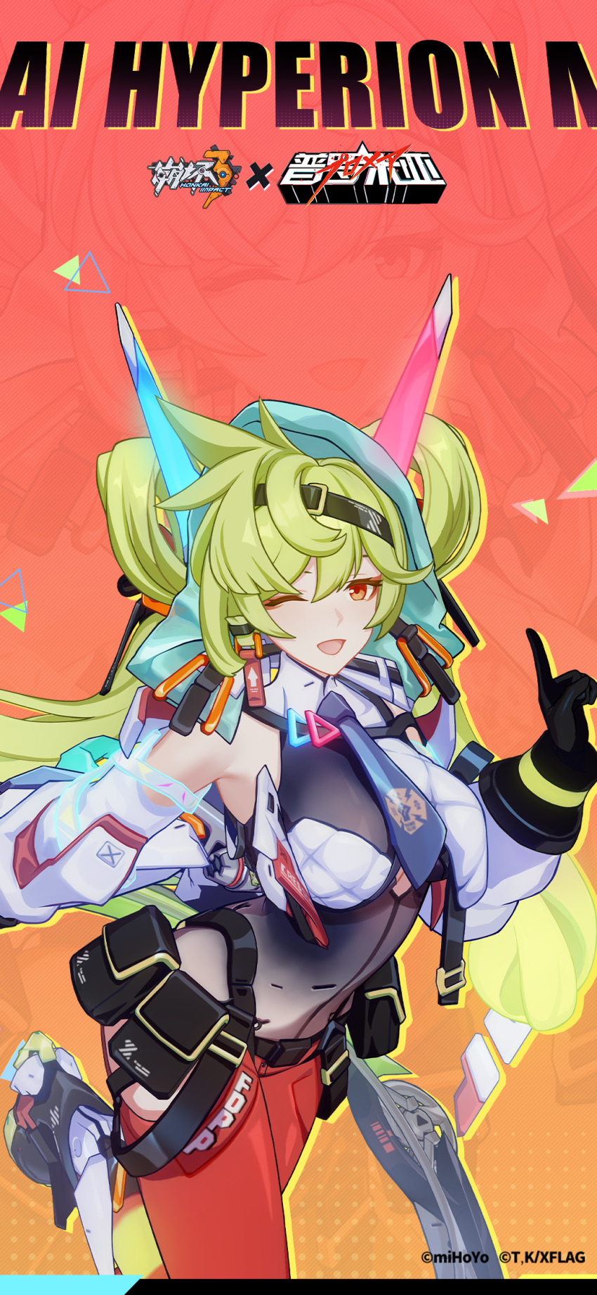 black_gloves blue_necktie breasts chakram character_name collaboration copyright_name cosplay galo_thymos galo_thymos_(cosplay) gloves green_hair highres holding holding_weapon honkai_(series) honkai_impact_3rd large_breasts logo long_hair looking_at_viewer necktie official_art official_wallpaper one_eye_closed open_mouth pants promare red_pants twintails upper_body weapon white_sleeves