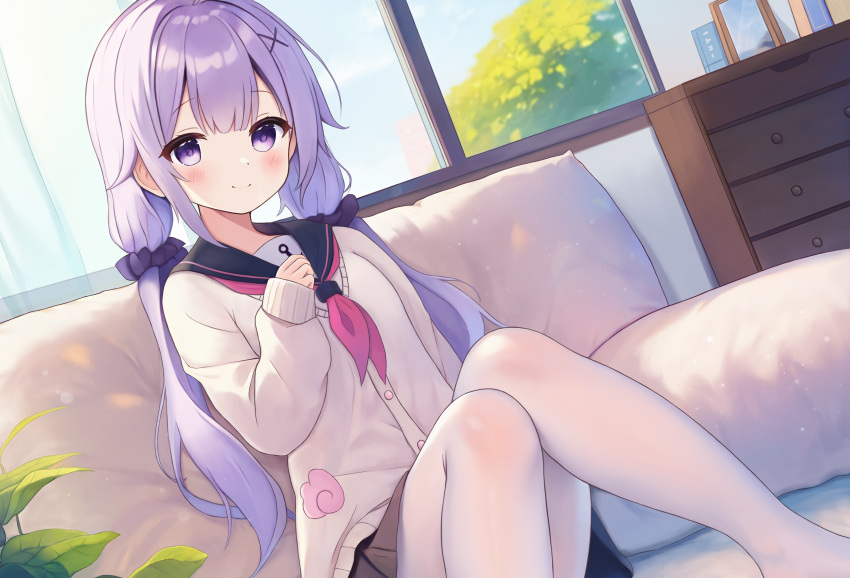 1girl absurdres ass azur_lane black_skirt blunt_bangs commentary_request couch hair_between_eyes hair_ornament hair_scrunchie highres indoors long_hair long_sleeves looking_at_viewer low_twintails official_alternate_costume official_alternate_hairstyle on_couch pantyhose plant pleated_skirt purple_hair school_uniform scrunchie serafuku sidelocks sitting skirt smile solo twintails unicorn_(azur_lane) unicorn_(long-awaited_date)_(azur_lane) violet_eyes white_pantyhose window x_hair_ornament zhuan_yan_ruyan
