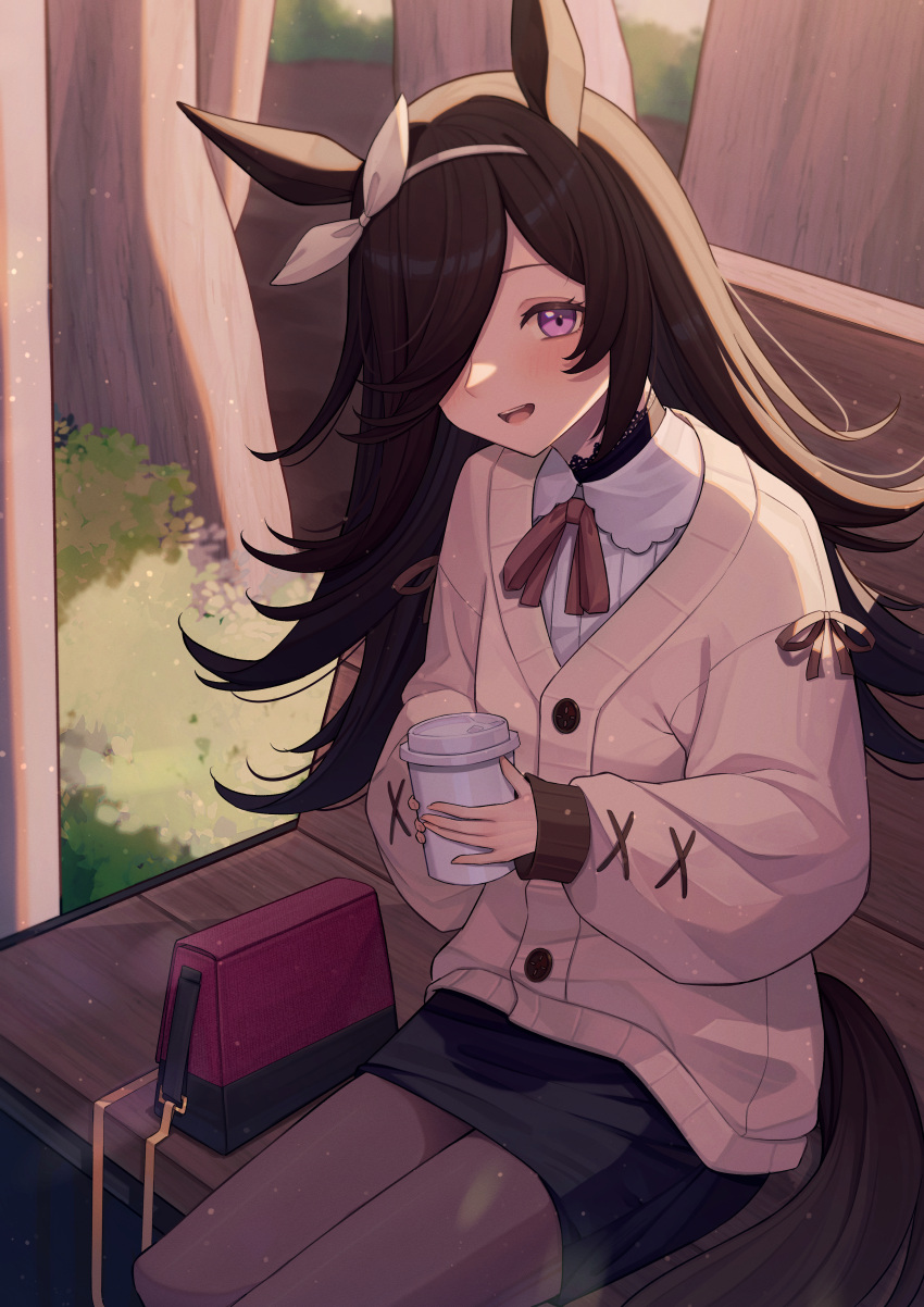1girl absurdres animal_ears bag black_pantyhose black_skirt blush brown_hair bush cardigan casual choker coffee_cup cropped_legs cup disposable_cup drink hair_over_one_eye hair_ribbon handbag highres holding holding_cup horse_ears horse_girl horse_tail isana615 lace lace_choker long_hair long_sleeves looking_at_viewer open_mouth outdoors pantyhose pencil_skirt ribbon rice_shower_(umamusume) shirt sitting skirt smile solo tail tree umamusume violet_eyes white_ribbon white_shirt