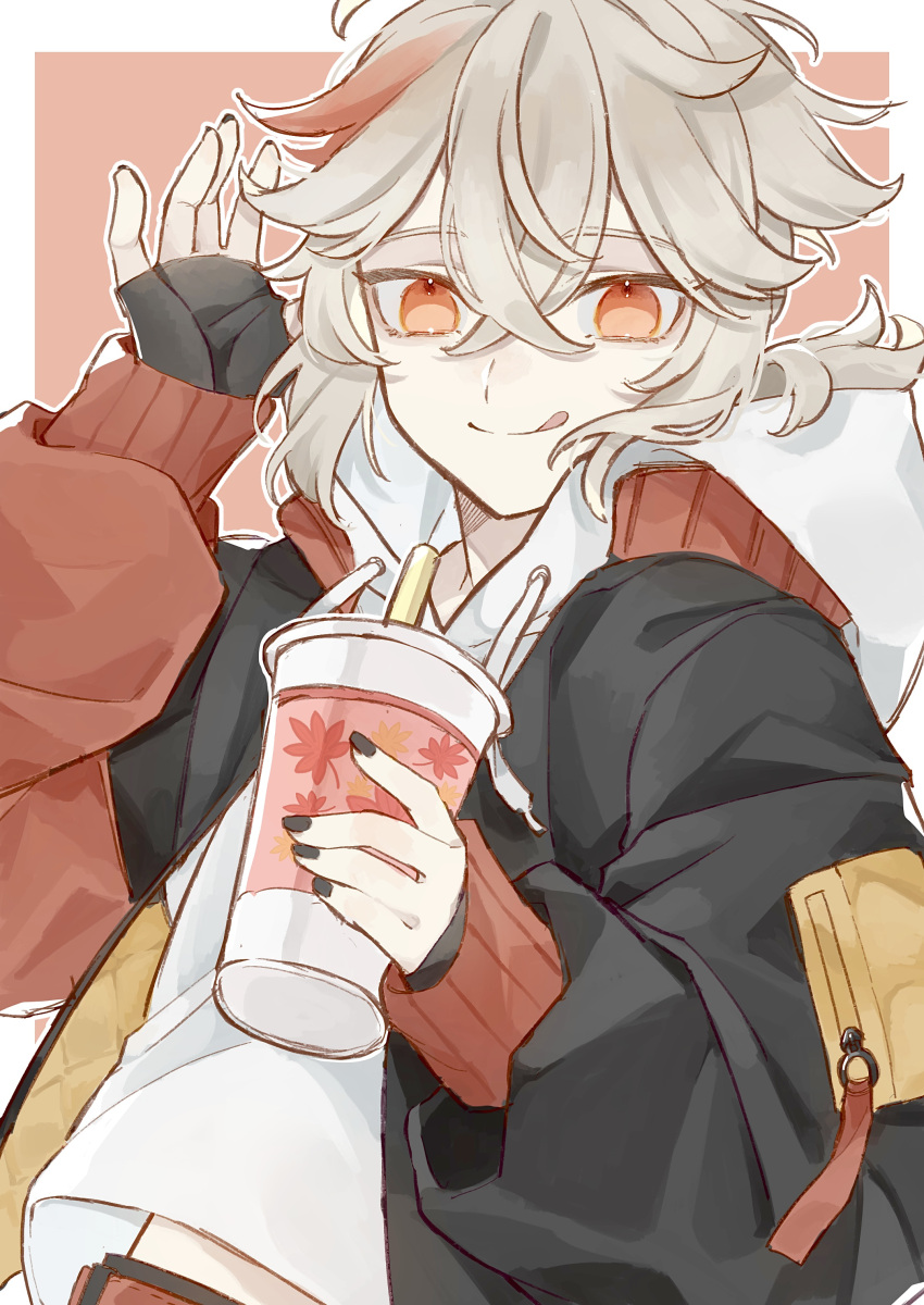 1boy :p absurdres alternate_costume black_jacket black_nails border contemporary cup drinking_straw genshin_impact grey_hair hand_up highres holding holding_cup hood hoodie jacket kaedehara_kazuha long_sleeves looking_at_viewer male_focus medium_hair multicolored_hair orange_eyes pink_background redhead shimozaki_hotaru simple_background sleeves_past_wrists smile solo streaked_hair tongue tongue_out upper_body white_border white_hoodie