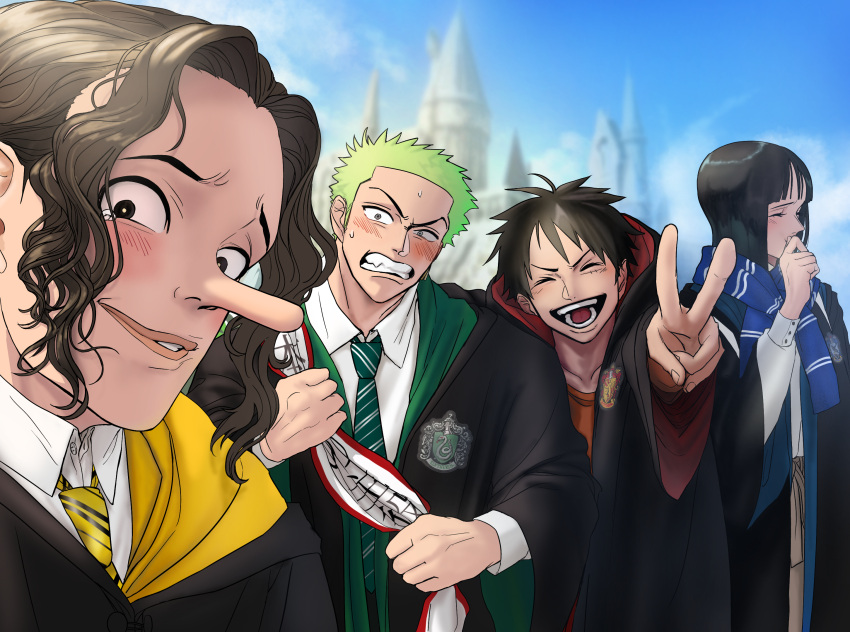 1girl 3boys alternate_costume black_hair blue_scarf blunt_bangs blush castle closed_eyes closed_mouth cosplay crossover curly_hair day green_hair green_necktie highres hisarakanoi long_hair long_nose looking_at_viewer monkey_d._luffy multiple_boys necktie nico_robin one_piece open_mouth outdoors parted_bangs roronoa_zoro scar scar_on_cheek scar_on_face scarf selfie short_hair smile teeth usopp v wavy_hair yellow_necktie