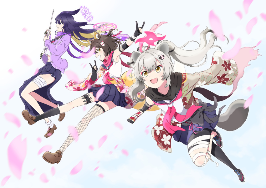 3girls absurdres animal_ears bd29ki blue_archive brown_hair cardigan double_fox_shadow_puppet eyeshadow floral_print fox_shadow_puppet gloves grey_hair gun hair_ornament halo highres holster izuna_(blue_archive) jacket kunai loafers makeup michiru_(blue_archive) multiple_girls navel neckerchief partially_fingerless_gloves pink_neckerchief pink_scarf pleated_skirt purple_cardigan red_eyeshadow scarf school_uniform serafuku shoes single_fishnet_legwear single_thighhigh skirt thigh-highs thigh_holster tsukuyo_(blue_archive) twintails weapon yellow_eyes