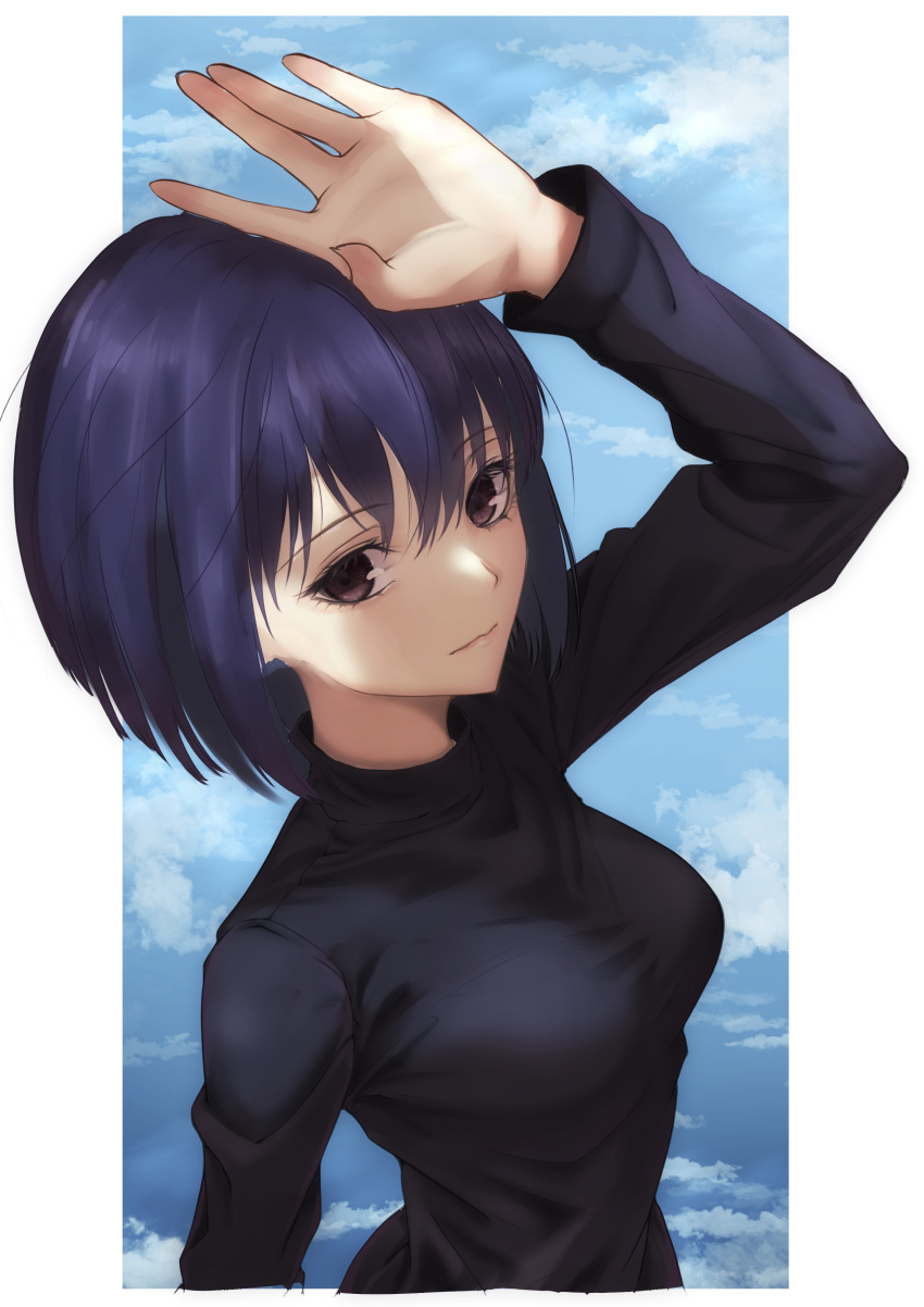 1girl absurdres arm_up black_eyes black_hair black_sweater blue_sky breasts closed_mouth clouds commentary hair_between_eyes highres kuonji_alice lips long_sleeves looking_at_viewer mahou_tsukai_no_yoru medium_breasts outside_border pillarboxed pink_lips shadow short_hair sky smile solo sweater toomishou turtleneck turtleneck_sweater