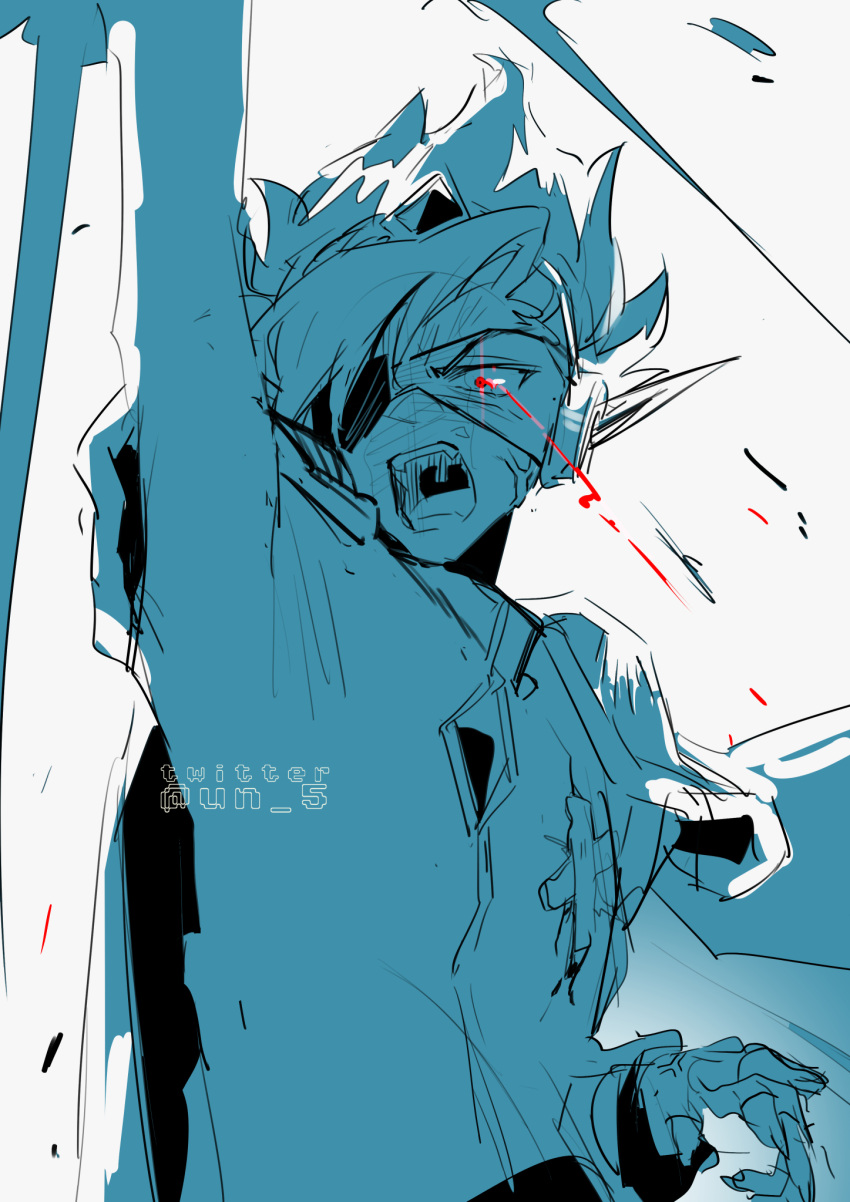 1boy anger_vein arm_up artist_name cape captain_spaceboy eyepatch glowing glowing_eye highres limited_palette looking_at_viewer male_focus omori open_mouth pointy_ears red_eyes shouting simple_background sketch solo spot_color tendoshi twitter_username upper_body white_background