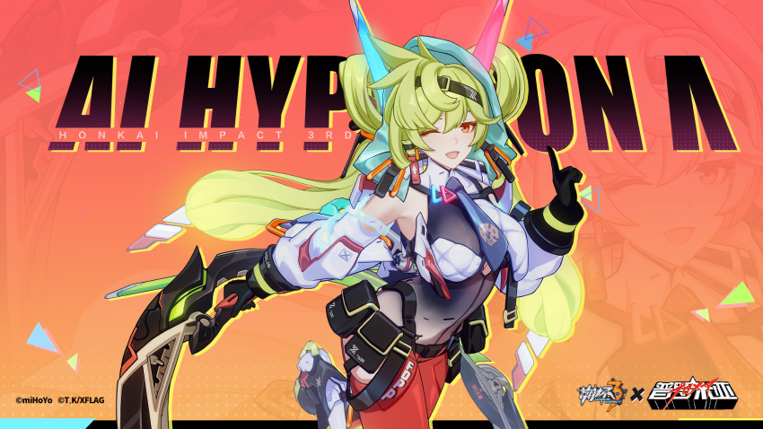 black_gloves blue_necktie breasts chakram character_name collaboration copyright_name cosplay galo_thymos galo_thymos_(cosplay) gloves green_hair highres holding holding_weapon honkai_(series) honkai_impact_3rd large_breasts logo long_hair looking_at_viewer necktie official_art official_wallpaper one_eye_closed open_mouth pants promare red_pants twintails upper_body weapon white_sleeves