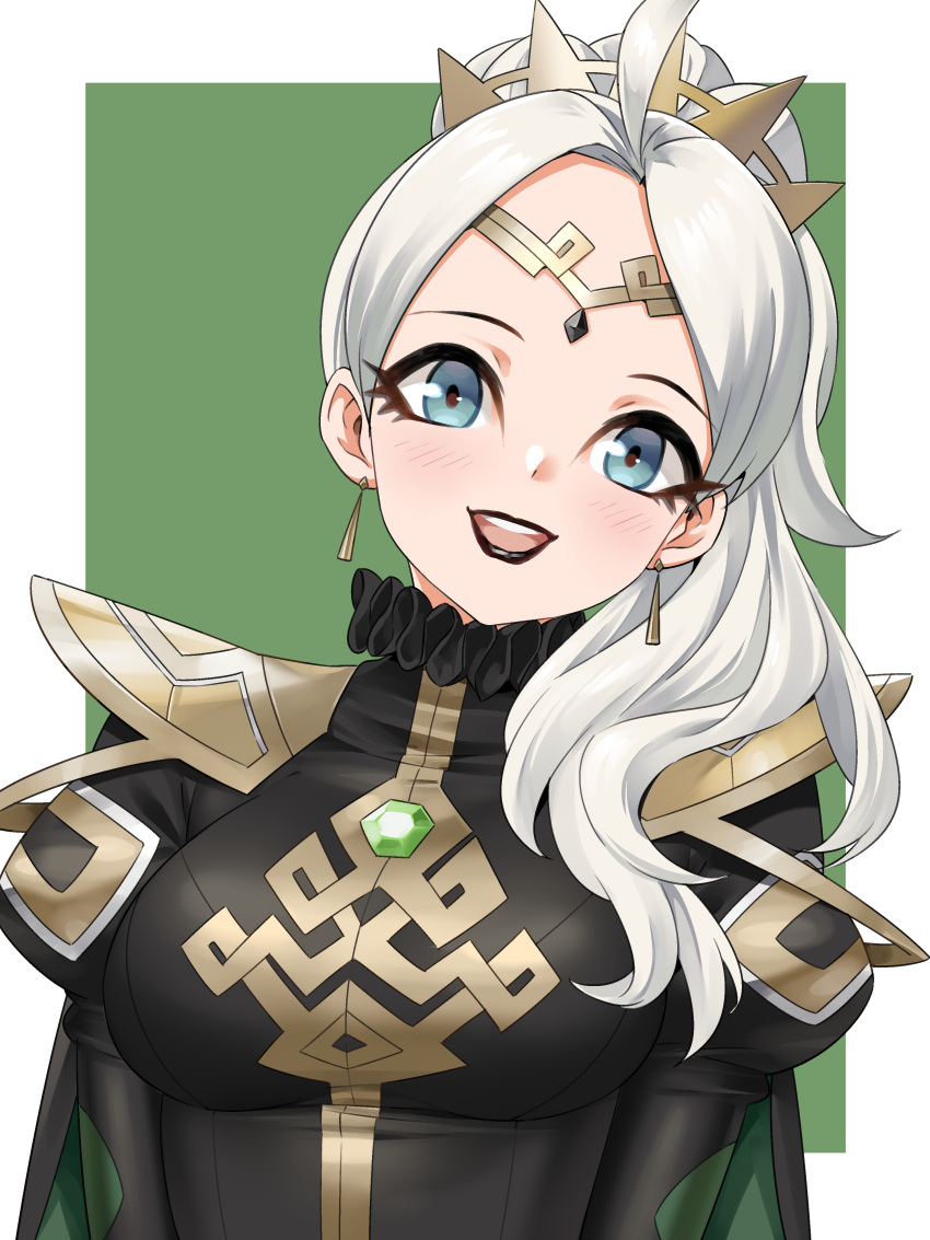 1girl absurdres ahoge alternate_costume alternate_hairstyle armor black_eyeshadow black_lips blue_eyes breasts circlet collar commission commissioner_upload cosplay earrings eyeshadow facing_viewer fire_emblem fire_emblem_fates fire_emblem_heroes frilled_collar frills high_ponytail highres igni_tion jewelry letizia_(fire_emblem) letizia_(fire_emblem)_(cosplay) lipstick looking_at_viewer makeup medium_breasts nina_(fire_emblem) non-web_source open_mouth parted_bangs portrait shoulder_armor smile solo teeth upper_body upper_teeth_only white_hair