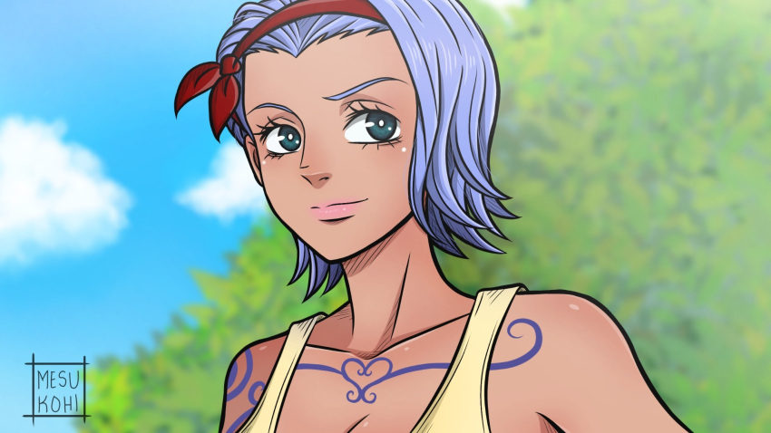 1girl arm_tattoo artist_name bare_shoulders blue_hair chest_tattoo closed_mouth clouds cloudy_sky english_commentary green_eyes hairband highres lipstick makeup mesukohi nojiko one_piece outdoors pink_lips red_hairband short_hair sky smile solo tattoo tree