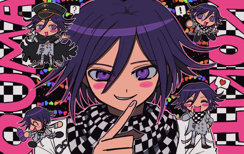 ! 1boy ? black_cape black_footwear black_headwear blush cape character_name checkered_clothes checkered_scarf chibi danganronpa_(series) danganronpa_v3:_killing_harmony finger_to_mouth grin hair_between_eyes happy heart highres kinu_(konoyoha_mtgi) looking_at_another looking_at_viewer male_focus oma_kokichi open_mouth outline pants pixel_heart purple_hair scarf short_hair shushing smile soda_bottle solo speech_bubble spoken_heart squiggle straitjacket torn_cape torn_clothes violet_eyes white_outline white_pants