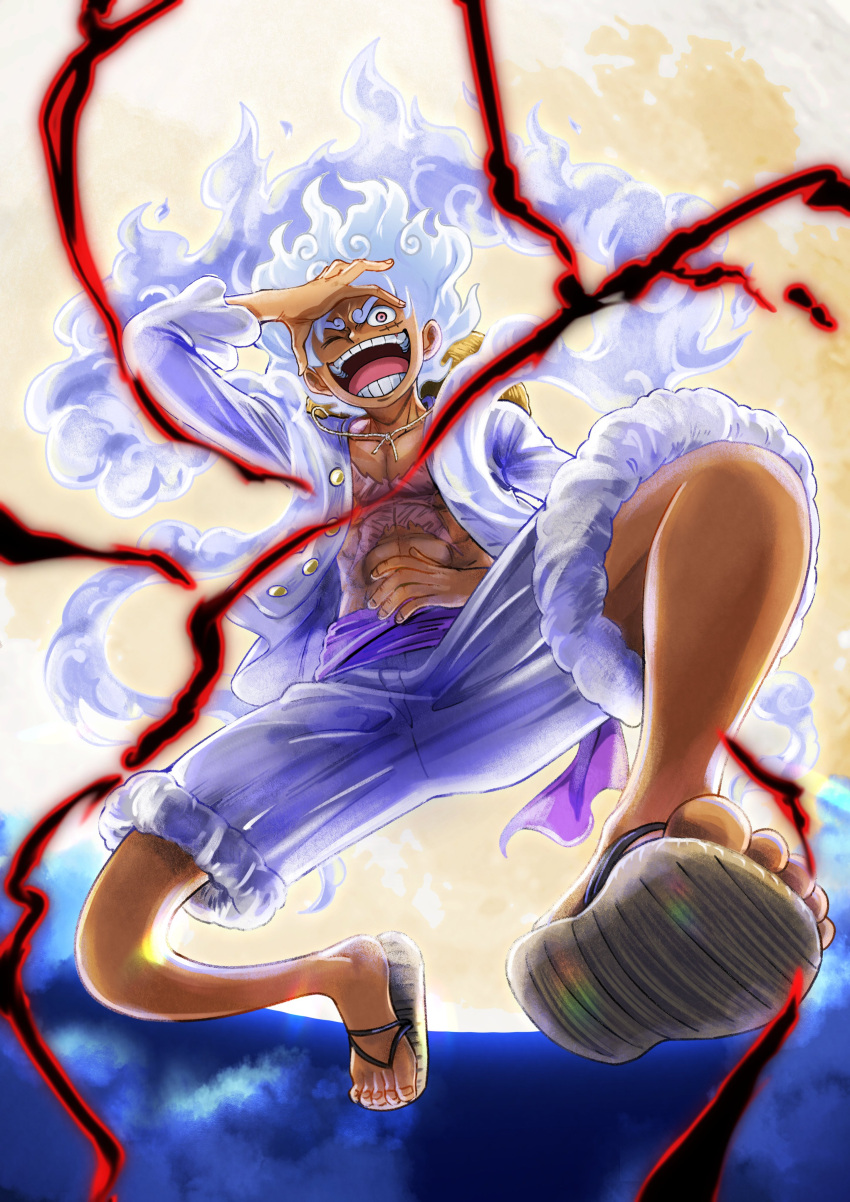 1boy :d absurdres commentary_request denim denim_shorts full_moon gear_fifth haki happy highres laughing monkey_d._luffy moon night one_piece open_mouth sandals scar scar_on_chest shirt short_hair shorts smile solo tsukikage_oyama white_hair white_shirt white_shorts