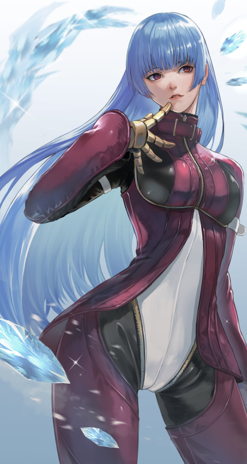 1girl belt blue_hair bodysuit breasts cowboy_shot cryokinesis finger_to_mouth gauss_&lt;bokashi gloves highres ice ice_crystal kula_diamond long_hair medium_breasts simple_background solo the_king_of_fighters turtleneck violet_eyes yellow_gloves zipper