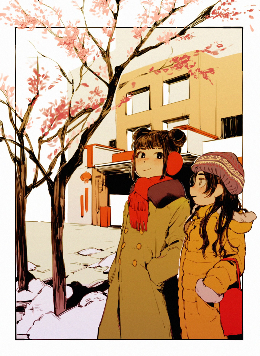 2girls beanie coat earmuffs fur_collar hands_in_pockets hat highres hime_cut messy_hair multiple_girls nanimonothing original scarf straight_hair tree winter winter_clothes winter_coat