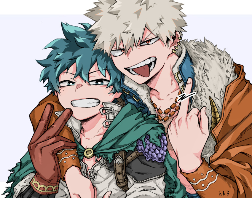 2boys 2nd_popularity_poll_(boku_no_hero_academia) absurdres alternate_hair_color anime_coloring aqua_eyes aqua_hair arm_over_shoulder artist_name bakugou_katsuki blue_vest boku_no_hero_academia bright_pupils cape censored collarbone ear_piercing earrings freckles fukami_(hk3) fur-trimmed_vest fur_(clothing) fur_shawl furrowed_brow gloves green_cape grey_hair grey_shirt grin hair_between_eyes hand_on_another's_arm hand_up happy head_on_head head_rest high_collar highres jewelry leaning_on_person letterboxed looking_at_viewer male_focus middle_finger midoriya_izuku multiple_boys multiple_necklaces multiple_piercings narrowed_eyes necklace no_shirt official_alternate_costume open_collar open_mouth orange_sleeves outside_border piercing pointless_censoring purple_background red_eyes red_gloves scar scar_on_chest shawl shirt short_hair shoulder_pads single_shoulder_pad slit_pupils smile spiky_hair spoilers teeth torn_cape torn_clothes uneven_eyes upper_body v v-shaped_eyebrows vest white_pupils yellow_brooch