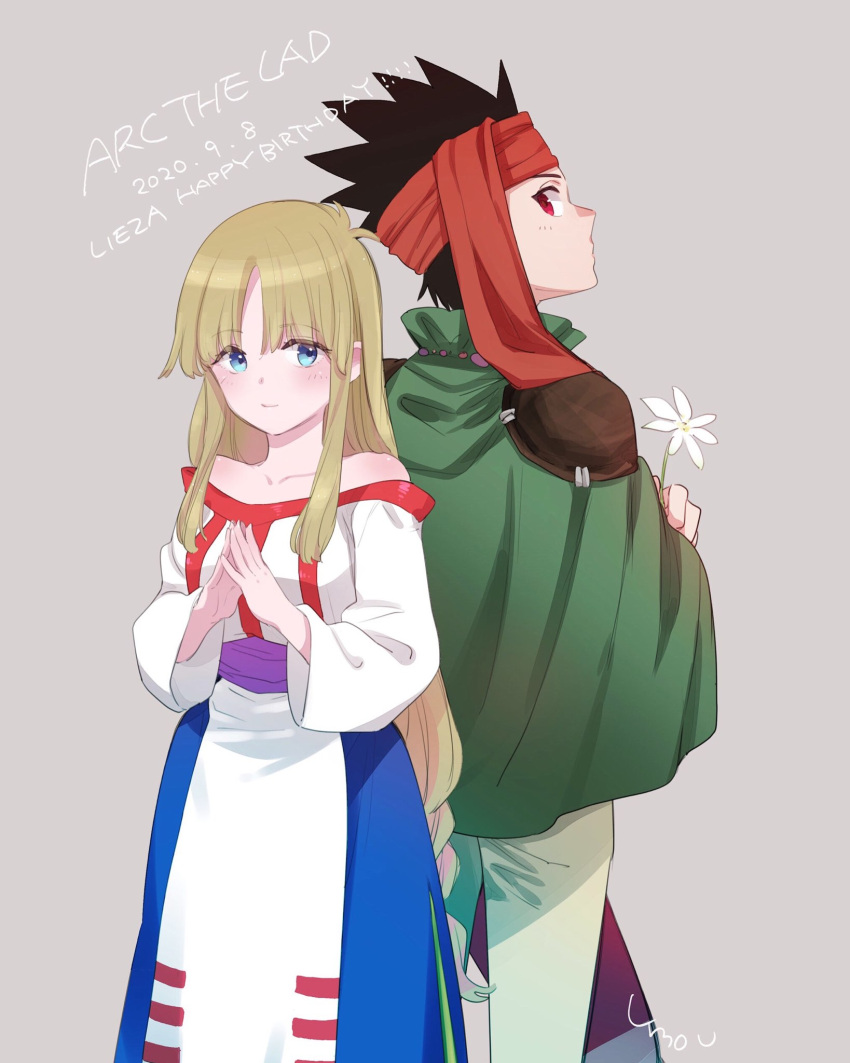 1boy 1girl arc_the_lad arc_the_lad_ii artist_request bare_shoulders blonde_hair braid closed_mouth collarbone dress elc_(arc_the_lad) flower highres lieza_(arc_the_lad) long_hair looking_at_viewer low-tied_long_hair simple_background single_braid very_long_hair