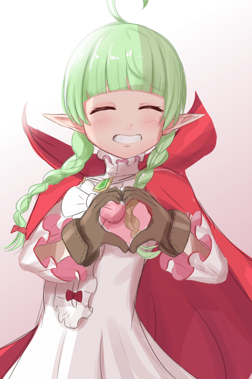 1girl absurdres ahoge bow braid brown_gloves cape closed_eyes dress facing_viewer fire_emblem fire_emblem_awakening gloves green_hair heart heart_hands highres long_sleeves nah_(fire_emblem) pointy_ears red_cape shincito smile solo teeth twin_braids