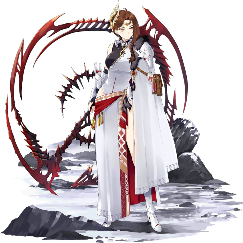 1girl artist_request boots brown_hair chi_xuan_(iron_saga) earrings full_body hair_ornament holding holding_scythe holding_weapon iron_saga jewelry mole mole_under_eye official_art scythe solo third-party_source vial weapon yellow_eyes