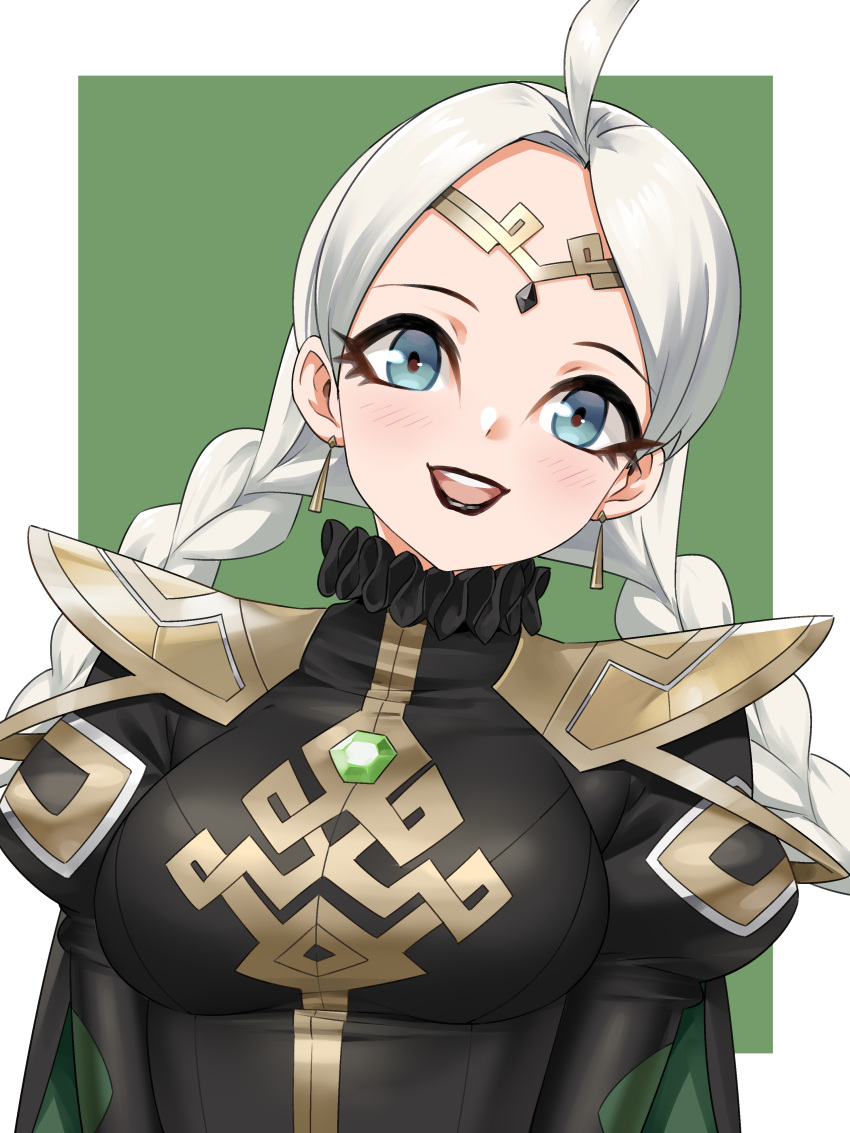 1girl absurdres ahoge alternate_costume armor black_eyeshadow black_lips blue_eyes braid breasts circlet collar commission commissioner_upload cosplay earrings eyeshadow facing_viewer fire_emblem fire_emblem_fates fire_emblem_heroes frilled_collar frills highres igni_tion jewelry letizia_(fire_emblem) letizia_(fire_emblem)_(cosplay) lipstick looking_at_viewer low_twin_braids makeup medium_breasts nina_(fire_emblem) non-web_source open_mouth parted_bangs portrait shoulder_armor smile solo teeth twin_braids upper_body upper_teeth_only white_hair